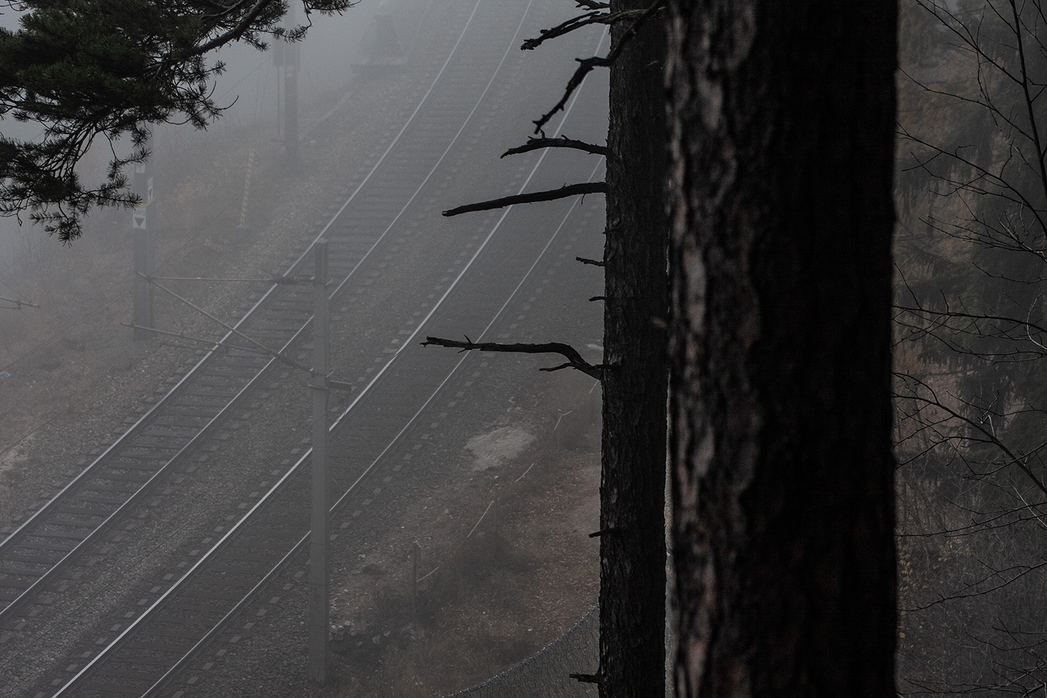 Blick auf die Schienen der Semmering Bahn mit Nebel